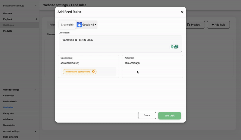 Animated GIF showing how to add action in the feed rule view in FeedOps.