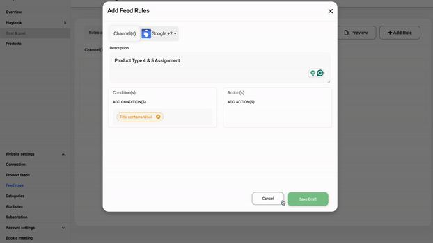 Animated GIF showing how to add action in the feed rule view in FeedOps.