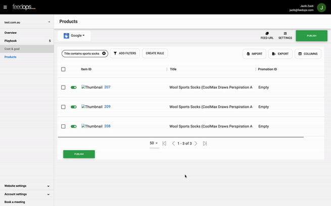 Animated GIF showing how to select rows and open the edit modal in the product view in FeedOps.