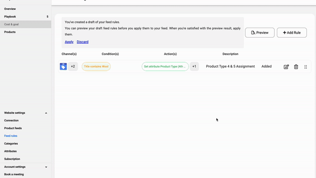 Animated GIF showing how to apply draft rule and review changes in feed rule view feedOps