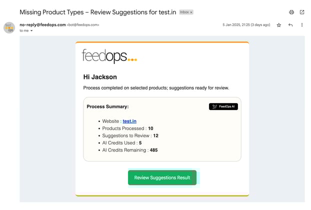 FeedOps Email Confirmation Product Type Optimization Ready For Review 