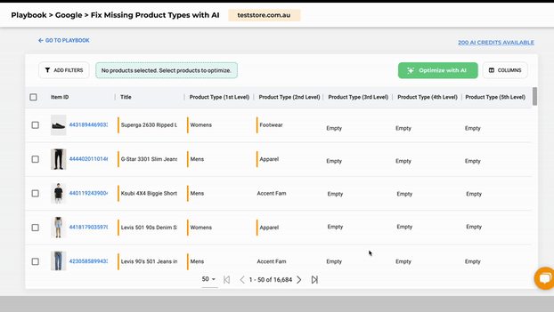 FeedOps Recording Select Products to Optimze with AI 