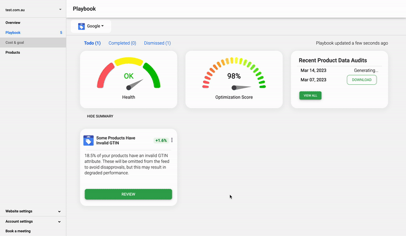 Animated GIF showing the how to navigate to the product view in FeedOps.