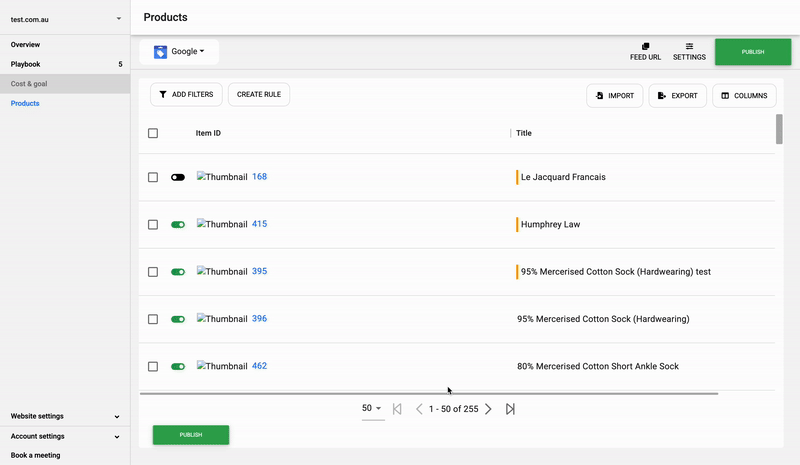 Animated GIF showing how to add filter to narrow result in the product view in FeedOps.