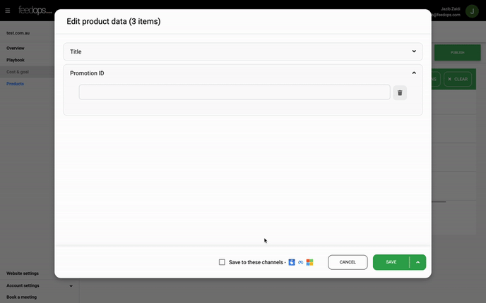 Animated GIF showing how to add promotion id in feedOps