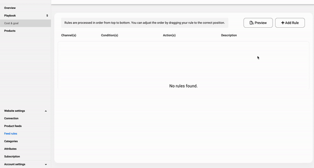 Animated GIF showing how to select a channel in the feed rule view in FeedOps.