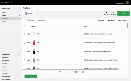 Animated GIF showing how to select a channel in the product view in FeedOps.