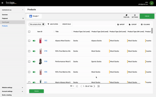 Animated GIF showing how to select one, multiple, or all rows to edit in the product view in FeedOps.