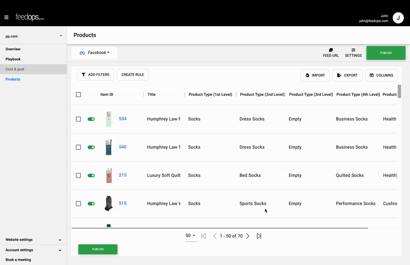Animated GIF showing how to add filter to narrow result in the product view in FeedOps.