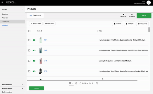 Animated GIF showing how to open columns modal to add columns in the product view in FeedOps.