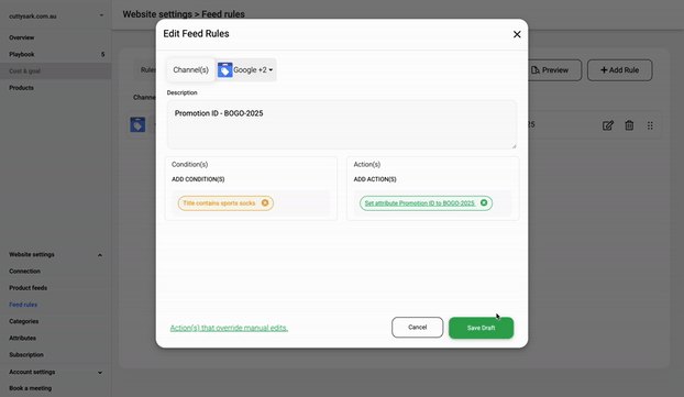 Animated GIF showing how to save feed rule as draft in feedops