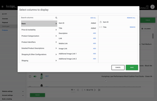 Animated GIF showing how to select product categorization fields from Product Type Levels 1 to 5 in the product view in FeedOps.